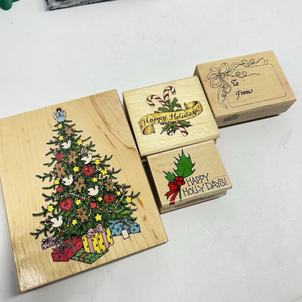 Vintage Christmas Wood Rubber Stamp Lot Hero Arts Large Holiday Tree Gift Tag